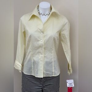 ANNE KLIEN NWT Stretch Sheer Yellow Button Down Collard Cuffed Sleeves Top Sz 6